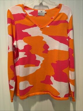 Edinburgh Knitwear V-Neck Abstract Camo Sweater - Orange, Pink, White